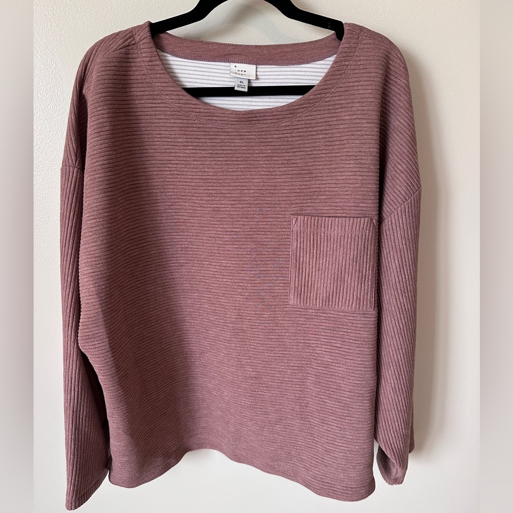 XL Mauve Ribbed Crewneck Sweater with Pocket